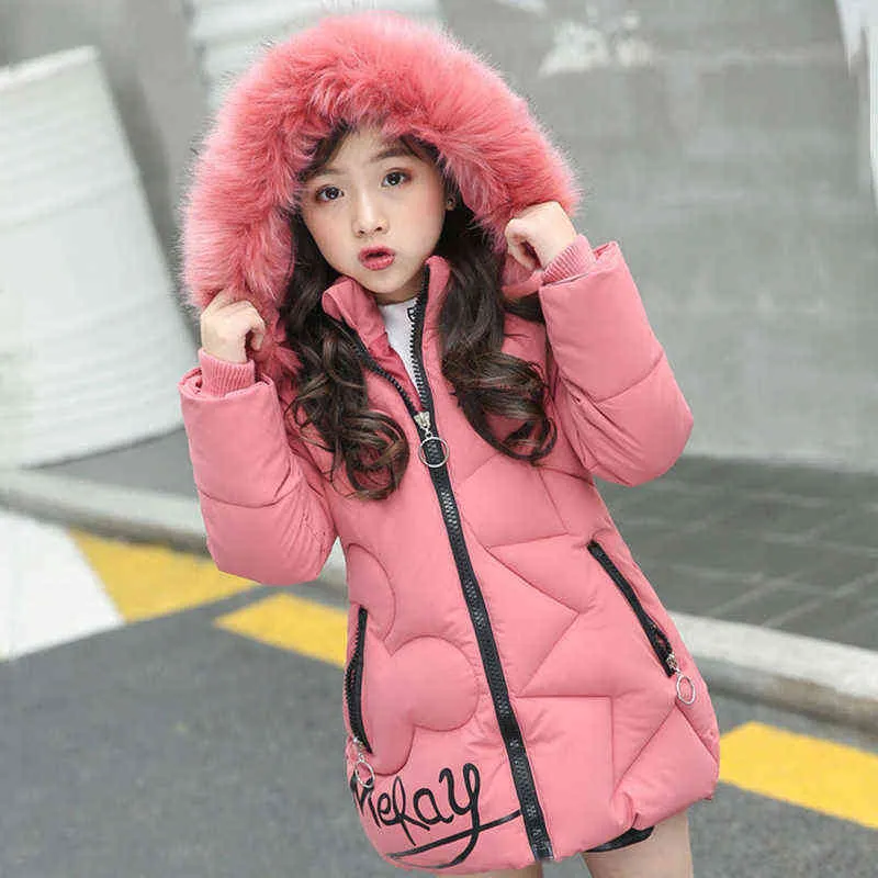 3-12t Flickor 'Coat Big Fur Collar Hooded Jacket Vinter Tjock Varm Bomull Mid-Long Down Girls Quilted 211027