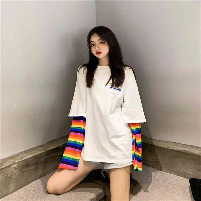 Hirsionsan Rainbow Kawaii T Shirt Women New Spring Long Sleeve Harajuku Tees Casual Student Tops Stripe Overdimensionerade kläder 210322