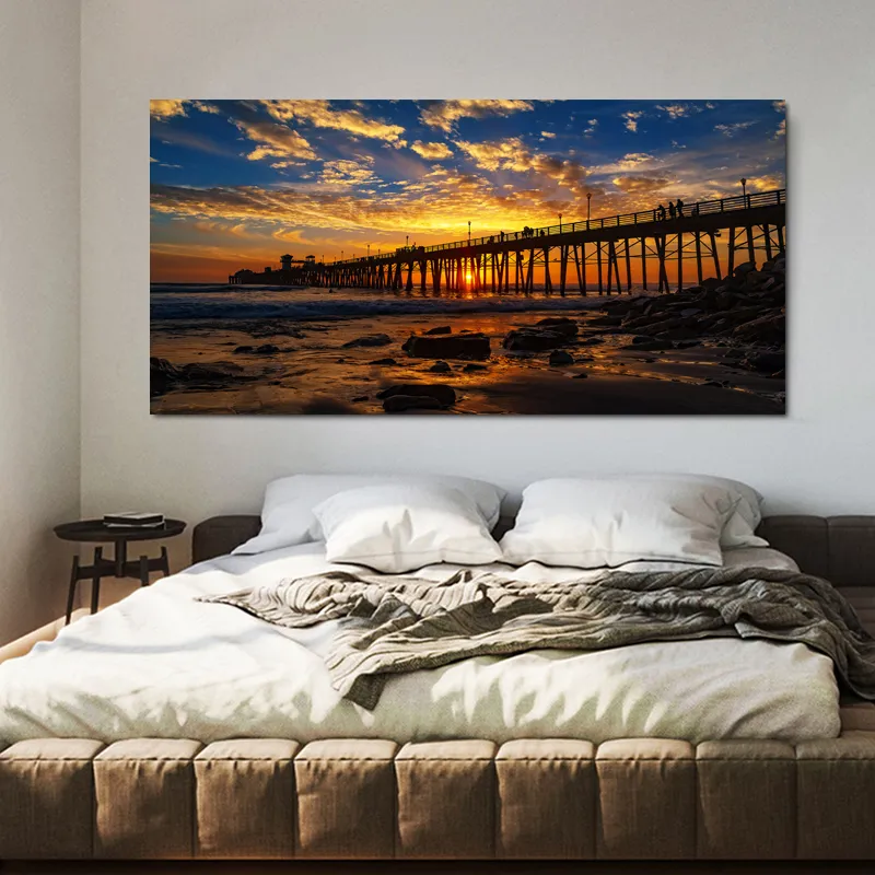海ビーチブリッジポスターやプリント風景写真キャンバス絵画家の装飾リビングルームのための日没