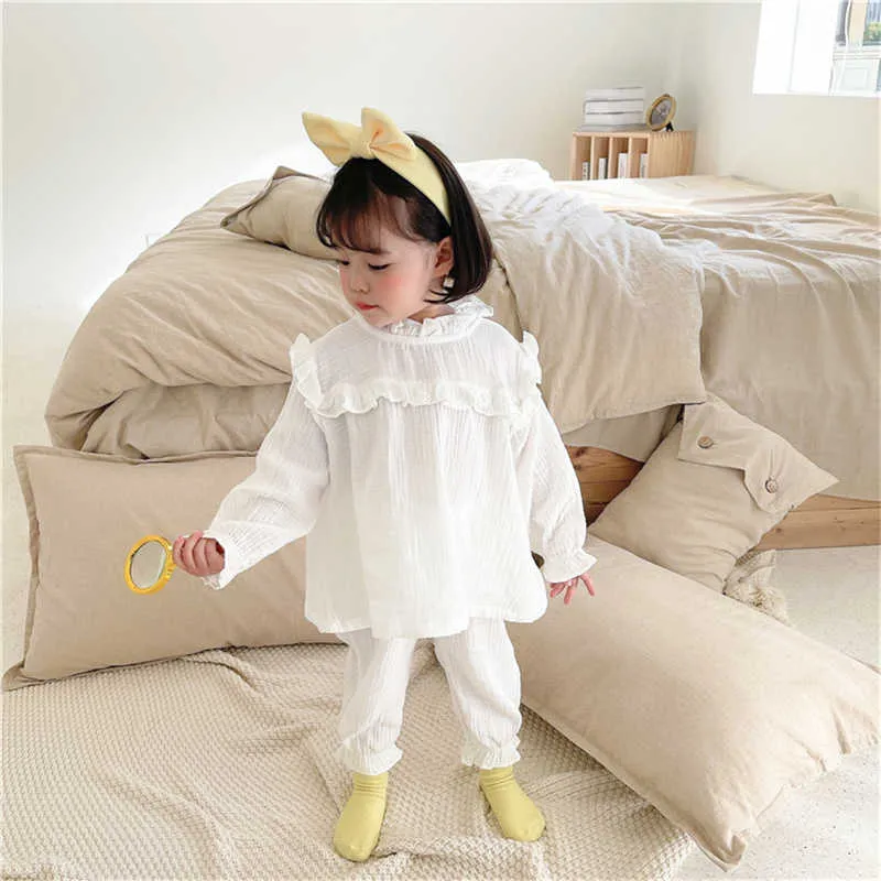 Estilo coreano meninas moda cor sólida pijama pijama conjunto crianças linho de algodão ruffles manga comprida sleepwear roupas terno 210615