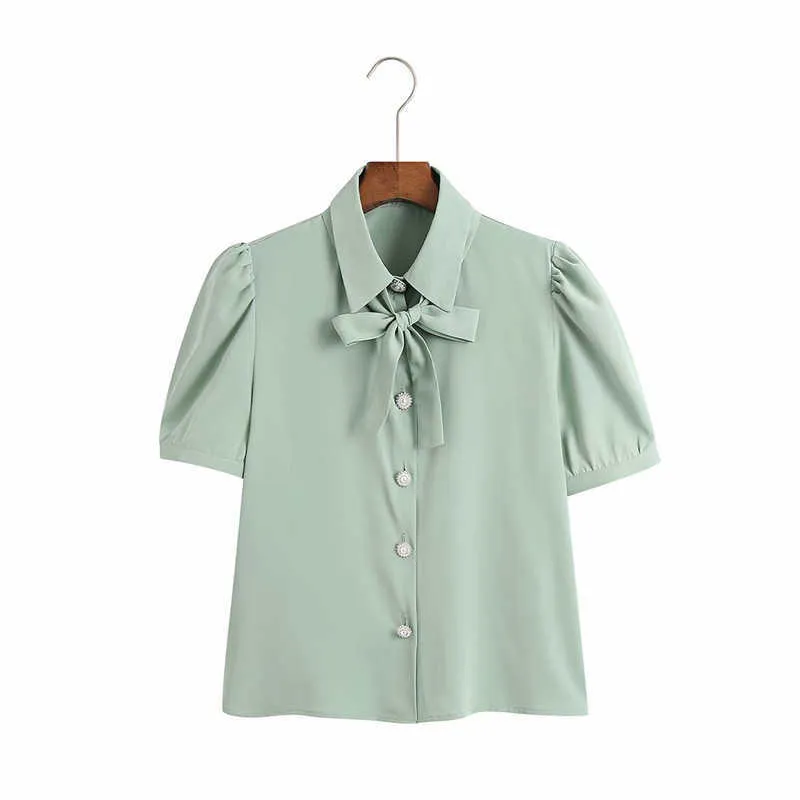 Za Летняя драгоценность кнопки женские блузка короткий слойный рукав поклон завязан старинные зеленые рубашки женщина мода ruching fit tops 210602
