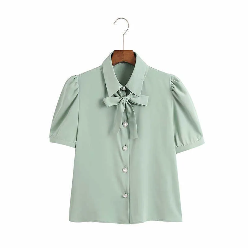 ZA Summer Jewel Button Women Blouse Short Puff Sleeve Bow Tied Vintage Green Shirt Woman Fashion Ruching Fit Tops 210602