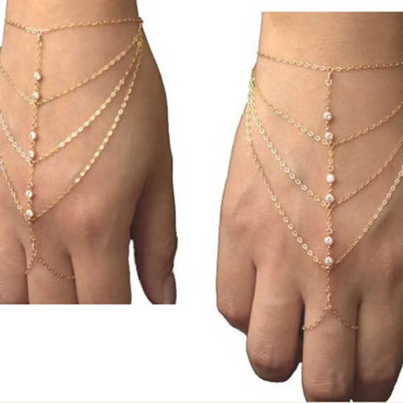 Mode Multi-schicht Kristall Finger Armband Für Frauen Strass Gold Farbe Armbänder Armreifen Geschenk Partei Schmuck Großhandel G1026