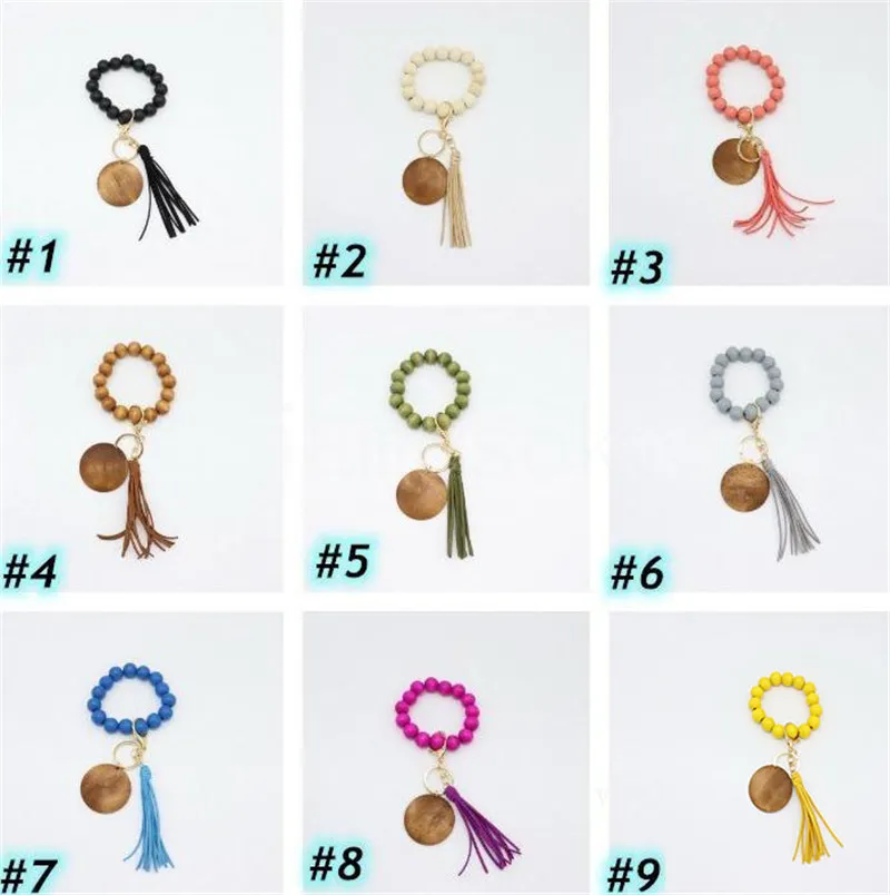 Wood beaded bracelet keychain blank disc tassel key ring pendant pure multicolor optional DD533