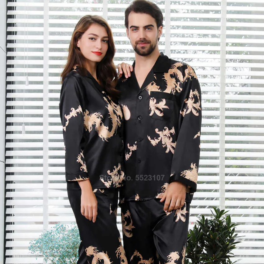 Women Silk Satin Pajamas Set Full Sleeve Top Trousers Chinese Style Year Dragon Print Lounge Men Couple's Pyjamas PJs 210831