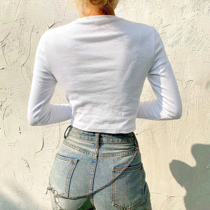 Yedinas Frühling Weißes Langarm-T-Shirt Frauen-Tops, figurbetont, solide, gerippte T-Shirt, lässig, sexy Crop-Top, T-Shirt Femme 210527