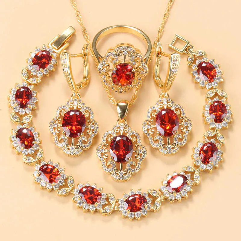 Dubai Gold Colors Akcesoria weselne AAA + Red Garnet Zestawy biżuterii Bridal dla kobiet Bransoletka Charm i Ring Sets H1022