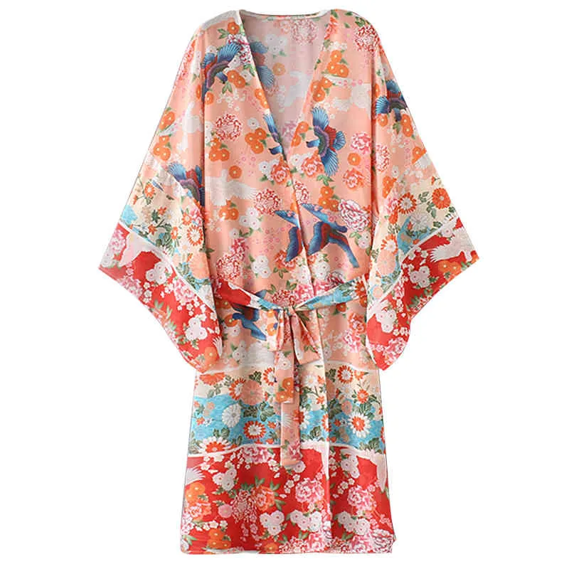 Kvinnor Chiffon Kimono Cardigan Floral Tryckt långärmad bälte Casual Loose Long Outwear Thin Cover Ups Beachwear Plus Size 210323
