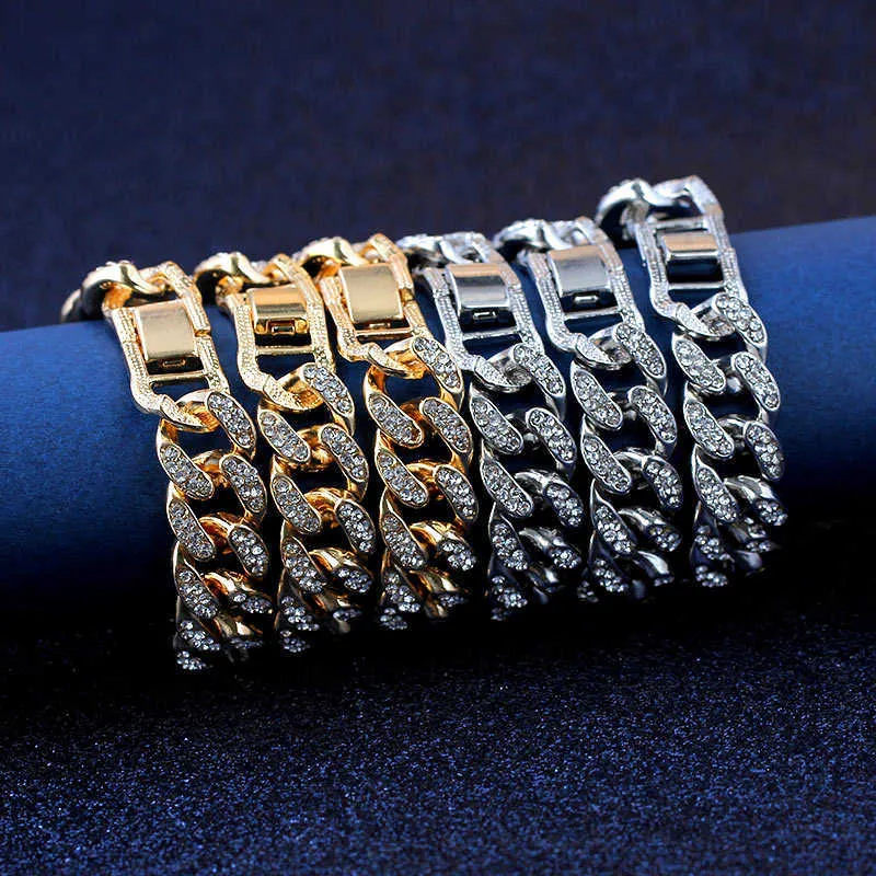 Ny mode lyxig 12mm iced out kubansk länk kedja armband för kvinnor män guld silver färg bling rhinestone armband smycken q0719