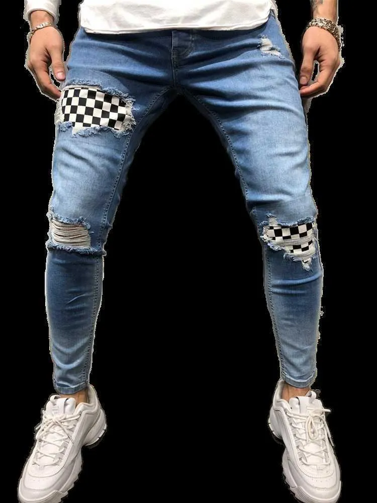 Herren Ripping Jeans Plaid Skinny Jeans Patchwork Bleistifthose mit kleinen Füßen Mode Die europäische große Größe Harajuku Pants X0621