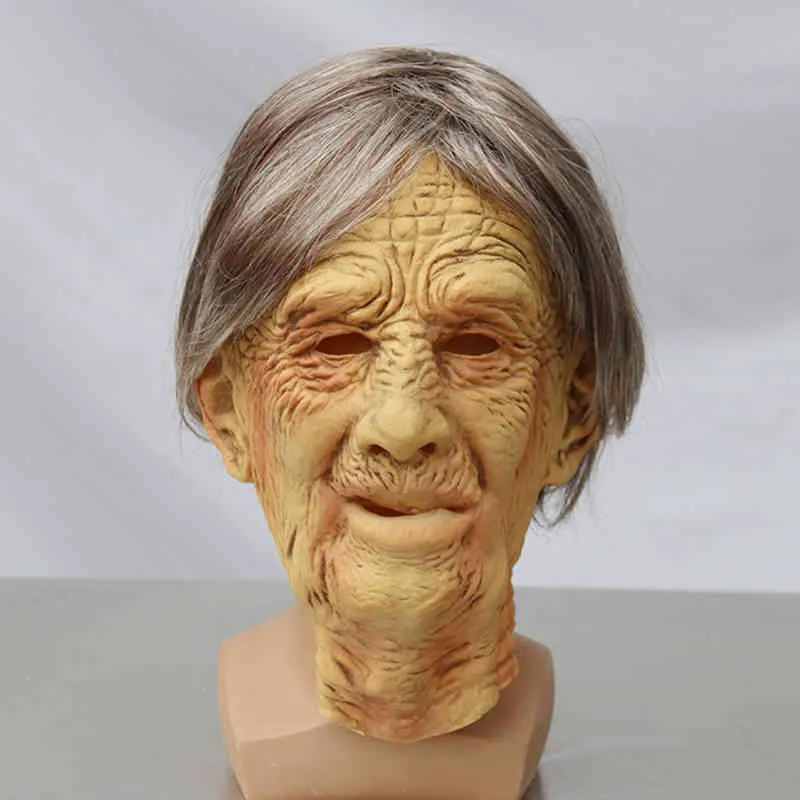 Funny Latex Old Woman Mask with Hair Halloween Cosplay Fancy Dress Head Rubber Party Costumes Villain Joke Props