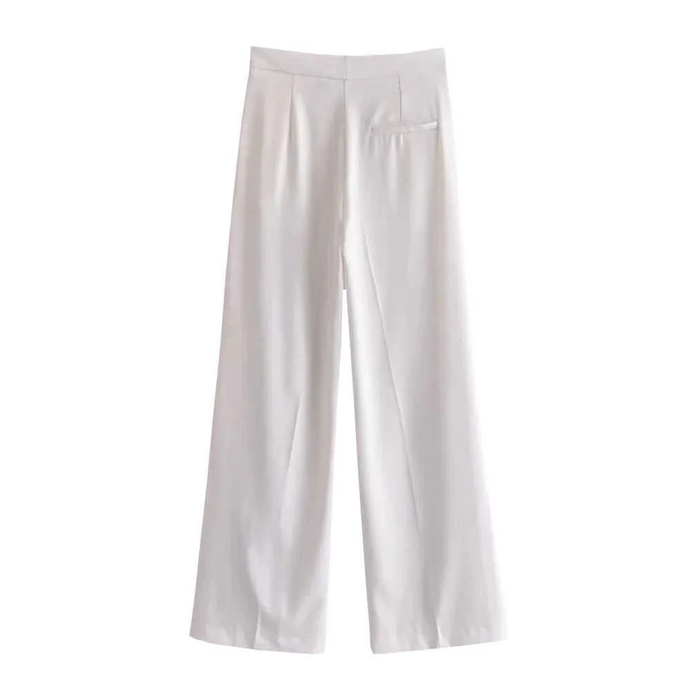 ZA 2021 vrouwen recht losse volledige lengte hoge taille broek mode zak kantoor witte elastische taille wijd-legged broek mujer q0801