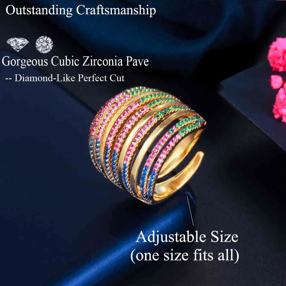 CWWZircons Adjustable Size Micro Pave Red Blue CZ Gold Color Geometric Round Big Wide Engagement Wedding Rings for Women R190