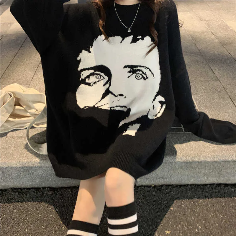 Pulls à manches longues à manches longues Korobov surdimensionnant Coup de bande de dessin animé coréen Suter Mujer Streetwear Femmes Harajuku Pullovers 79292 211018