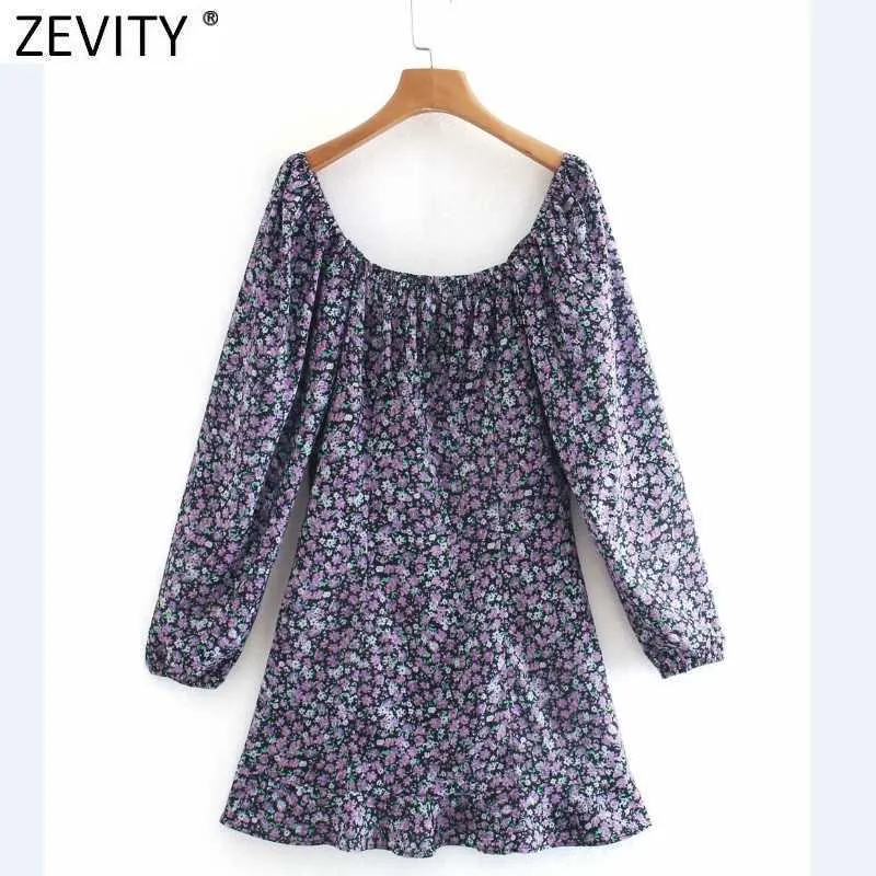 Zeefity Dames Sexy Elastische V-hals Boog Gebonden Floral Print Casual Mini Jurk Femme Lange Mouw Hem Ruches Vestido Doek DS4697 210603