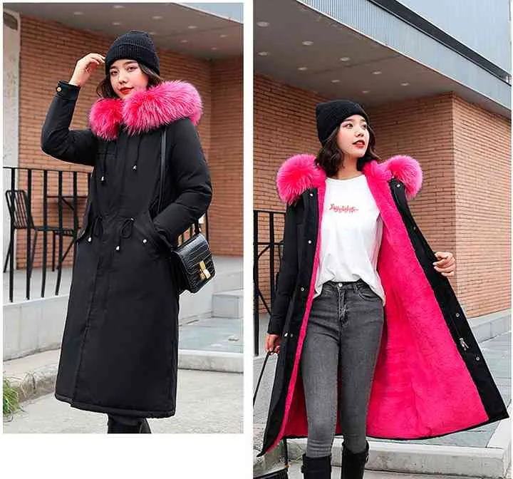 冬の女性のコート長いエレガントなカジュアルパーカージャケット帽子ベルベットの暖かい冬の冬防御の女性DC009 210428