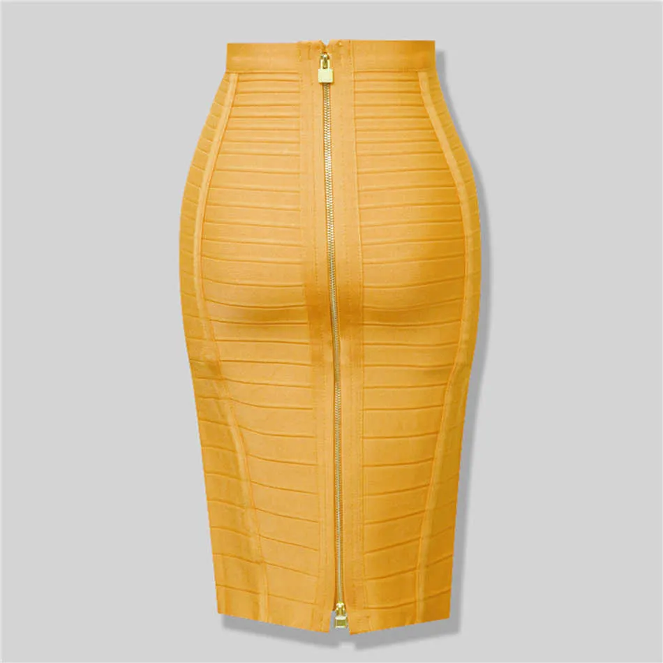 Plus Size XL XXL 58cm Women Sexy Zipper Black Blue Orange Red Rayon Bandage Skirt Designer A Line Faldas 210527