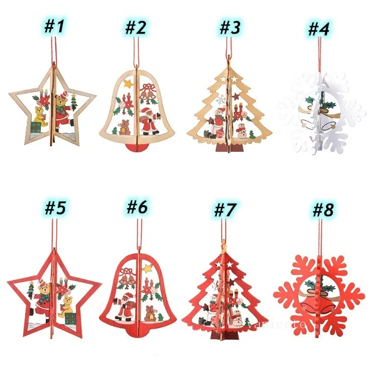 8 style arbre de Noël pendentif bois creux flocon de neige bonhomme de neige cloche décorations suspendues coloré maison festival ornements de Noël suspendus T2I52561