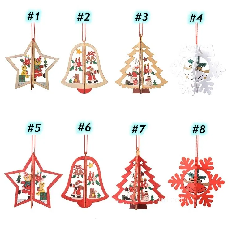 Ciondolo albero di Natale Legno Hollow Fiocco di neve Pupazzo di neve Campana Decorazioni appese Colorful Home Festival Ornamenti natalizi appesi T2I52561