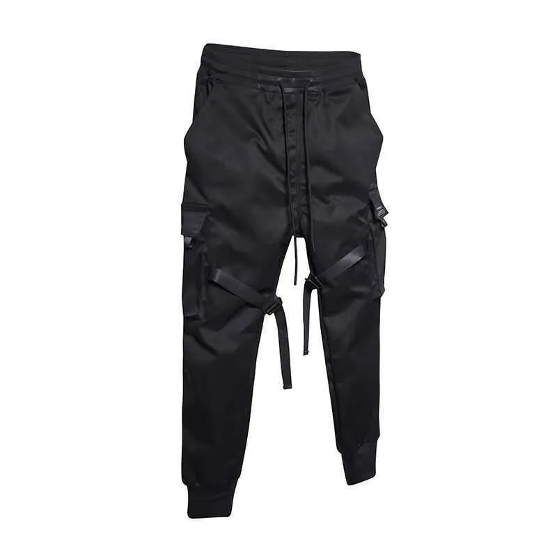 Ribbons Cargo Pants Men Casual Streetwear Harajuku Hip Hop Trendy casual youth slim pants Stylish Men's Jogger Trousers 210715