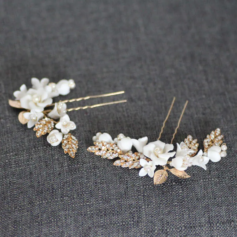 Jonnafe porslin blomma brudhår pins bit guld blad bröllop headpiece handgjorda kvinnor prom hår tillbehör x0625
