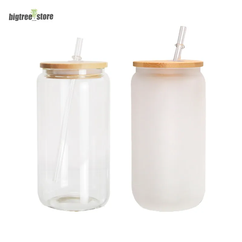 US Warehouse 16oz Sublimation Glass Beer Mugs الزجاج الزجاجية الزجاجة يمكن أن يشرب الزجاج من نظارات شرب الزجاج مع غطاء الفلين الخيزران و 251Q