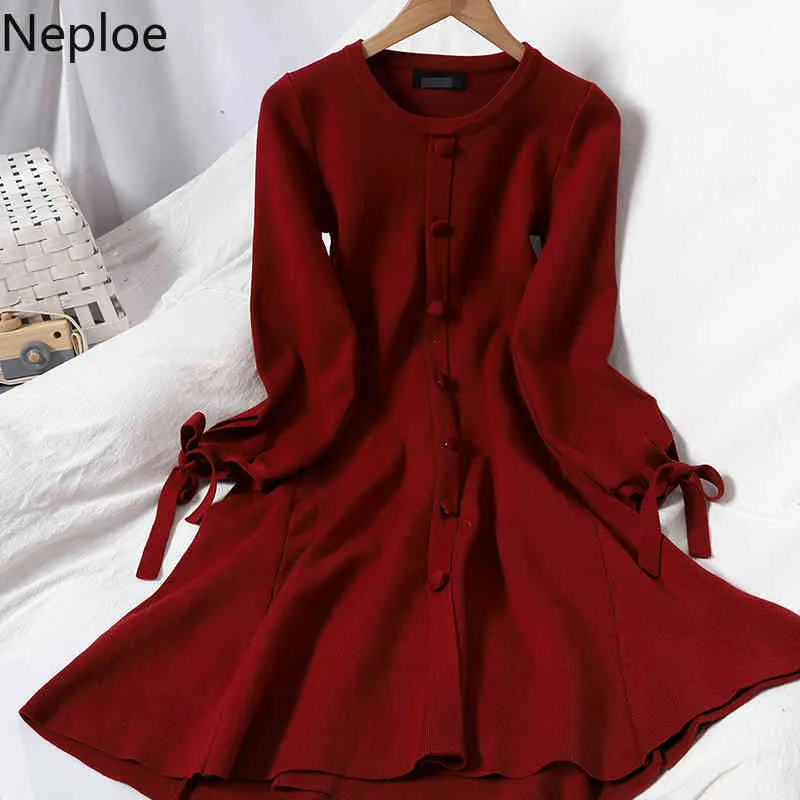 Neploe coréen robe simple boutonnage femme couleur unie tout match tricoté robes à lacets col rond taille mince robes minces femmes 210422