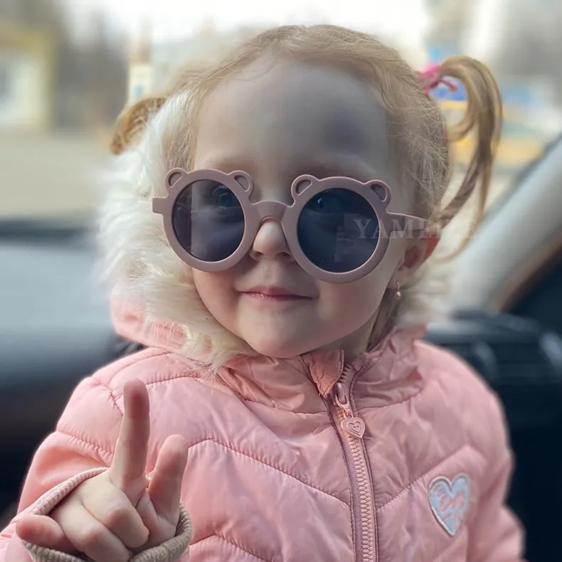 2021 키즈 유아 선글라스 귀여운 만화 곰 소녀 어린이 안경 둥근 보호 안경 야외 해변