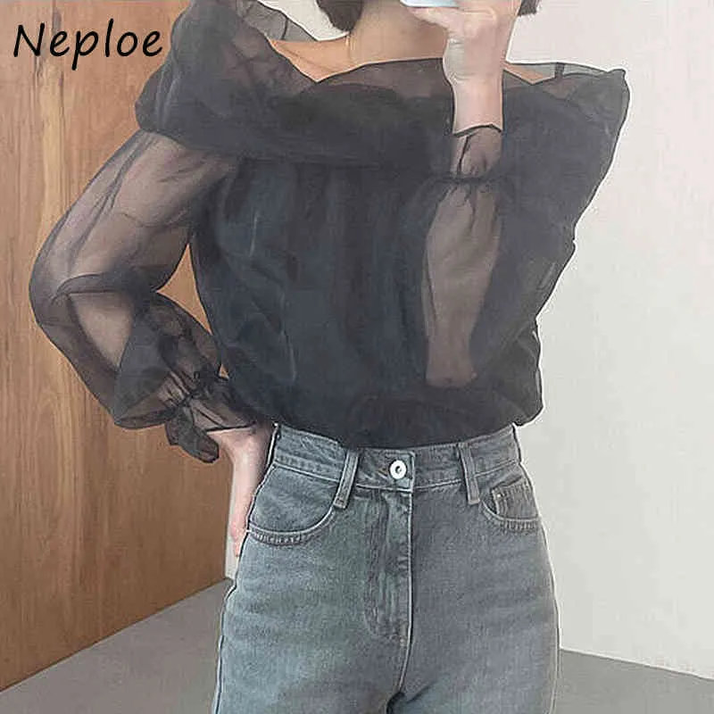 Sexy Slash Neck Ramię Bez Ramiączek Mesh Bluzka Kobiety Sweter Z Długim Rękawem Solid Blusas Spring Shirt Feminino 210422