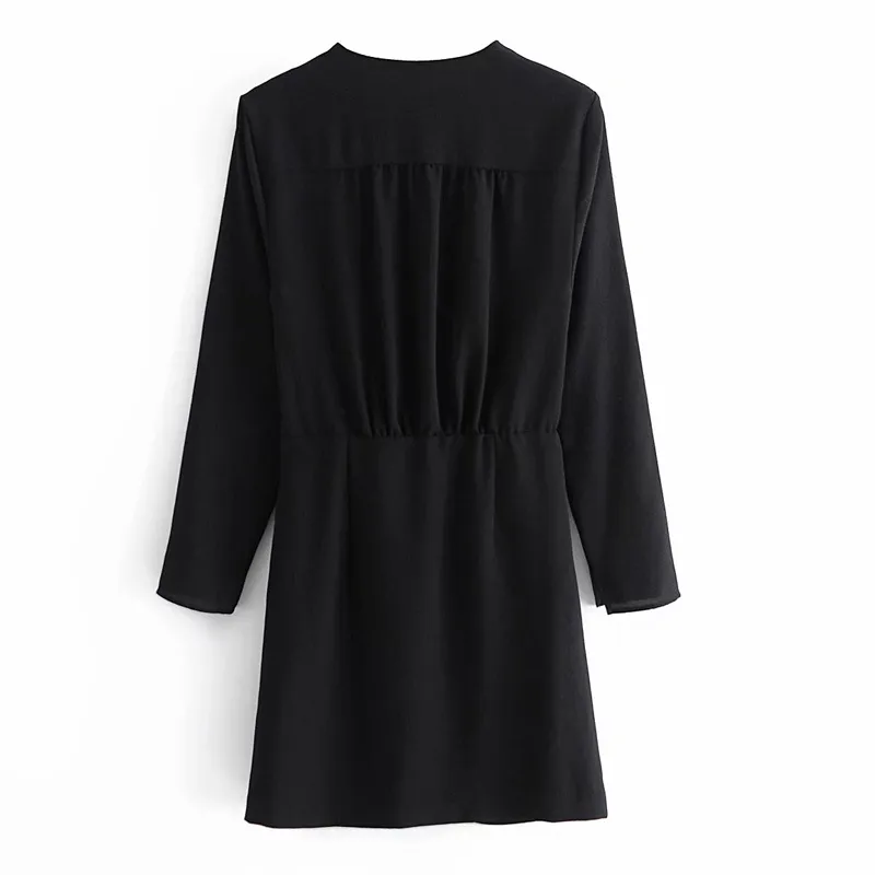 Kvinnor sommar vintage mini pläterad penna klänning långärmad v-hals svart slips kvinnlig elegant gata klänningar vestidos 210513