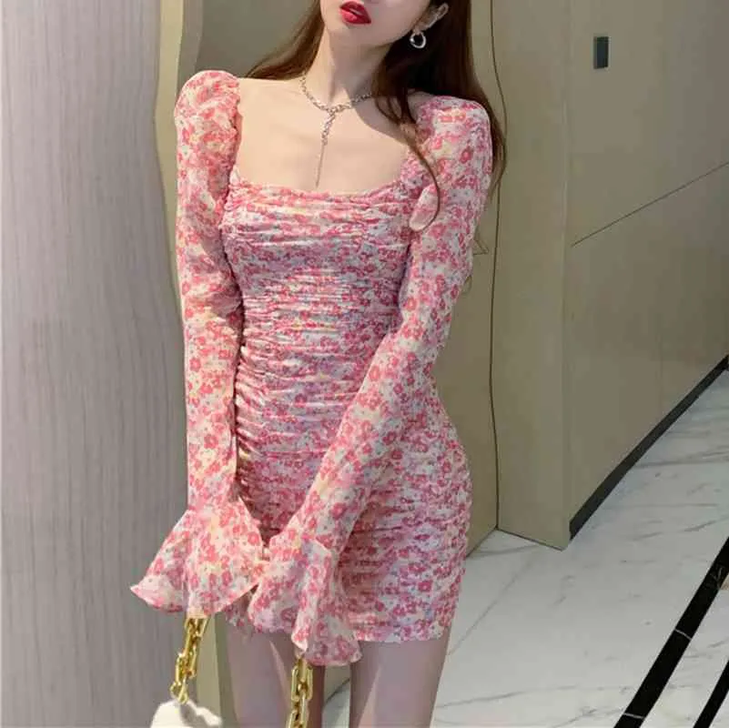 Ezdgaga Koreański Chic Kwiatowy Drukowane Seksowna Sukienka Kobiety Vintage Moda Kwadratowy Kołnierz Wysoka Talia Z Długim Rękawem Elegancka Sukienka Vestidos 210430
