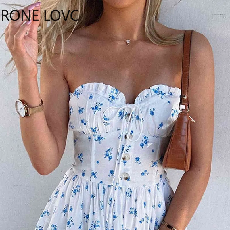 Women Elegant Fashion Sexy Floral Print Bandeau Frill Hem Dress Mini Dress Summer Party Dress X0521