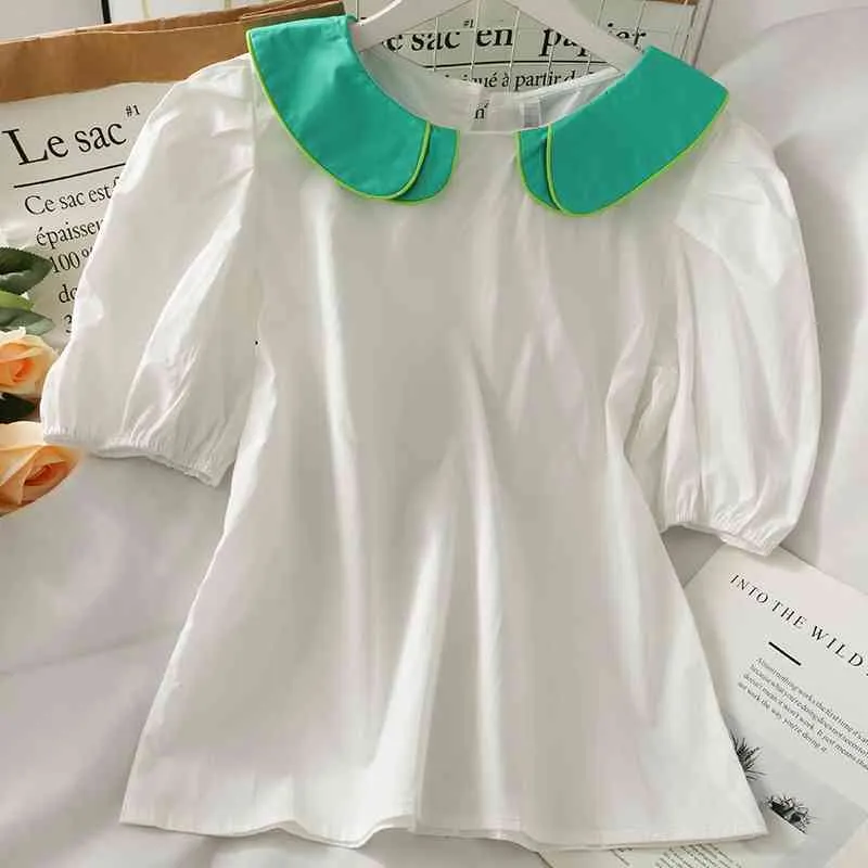 Kimutomo Chic Patchwork Blouse Women Color Contrast Peter Pan Collar Short Puff Sleeve All-matching Solid Shirt Summer Korean 210521