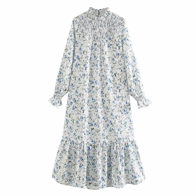 Sommar kvinnors vintage klänning långärmad blommig utskrift semester stil es kvinnlig elegant chiffong rakt lös 210513