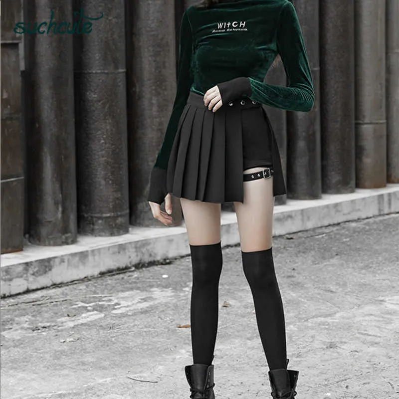 SUCHCUTE sexy gothic high waist women pleated mini skirt with short ribbons A-line Skirts streetwear solid female party outfits 210621