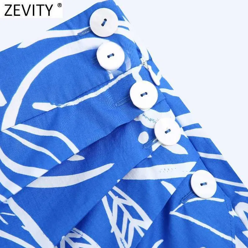 Zevity Women Vintage Pleats Design Floral Print Hem Oregelbundet Skirt Faldas Mujer Kvinna Sida Zipper Knappar Mini Vestidos QUN791 210708