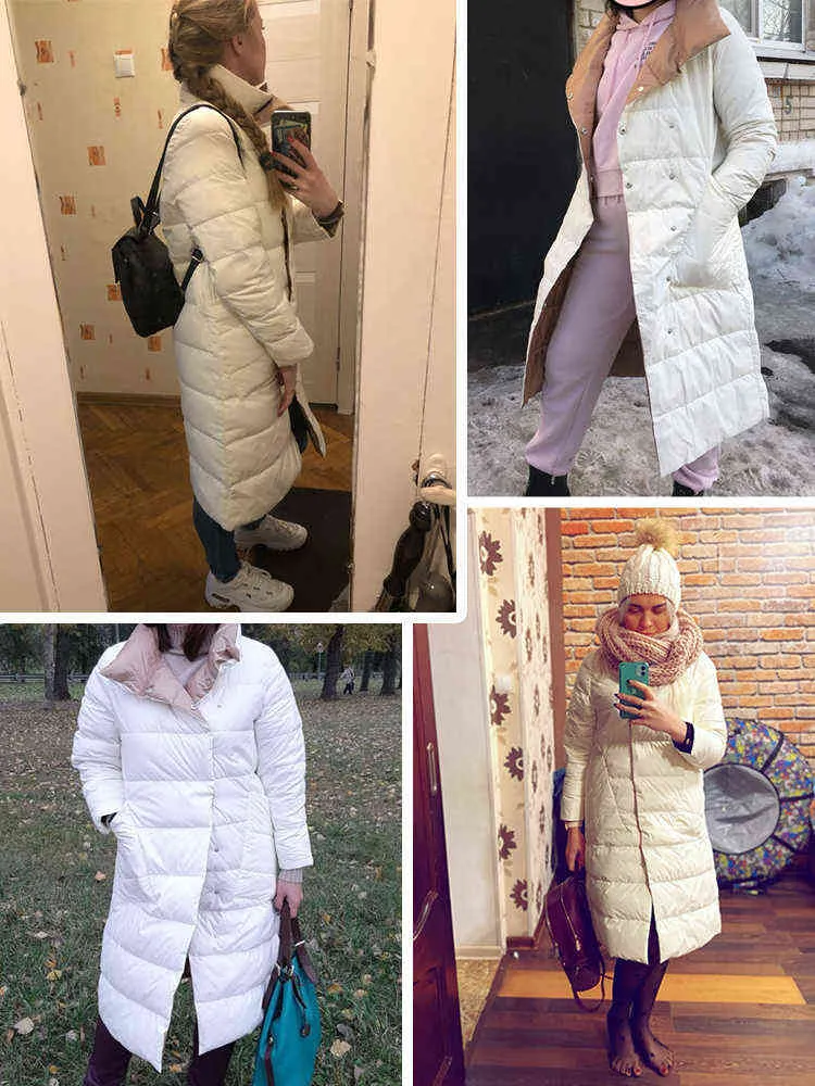 FTLZZ Kvinnor Dubbelsidig Down Long Jacket Vinter 90% Vit Duck Coat Breasted Warm Parkas Snö Outwear 211216