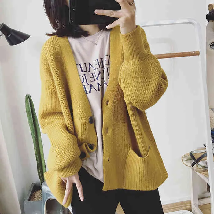 Kvinnor Vintertröja Cardigans Lantern Sleeve V Neck Button Big Pocket Knit Jacka Loose Coat Casual Sueter Feminino 210430