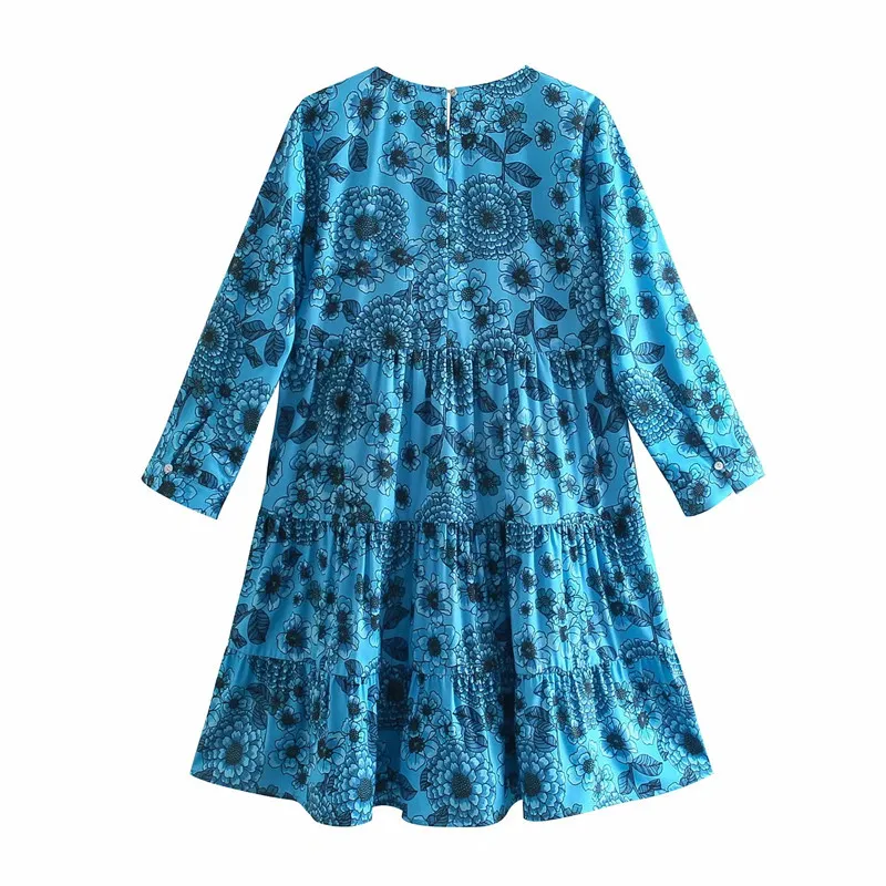 Robe Bleu Floral Imprimé Court es Femmes Casual Volants Mini Été Femme Mode Ruché Vintage es 210519