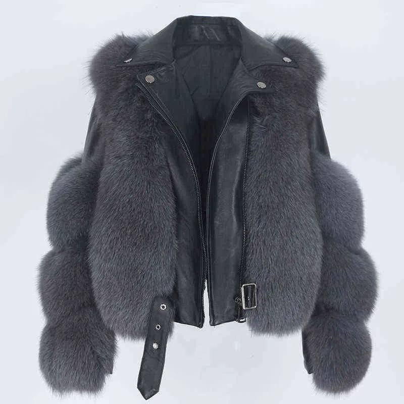 Oftbuy véritable manteau de fourrure gilet veste d'hiver femmes fourrure naturelle véritable cuir vêtements d'extérieur détachables streetwear locomotive 211110