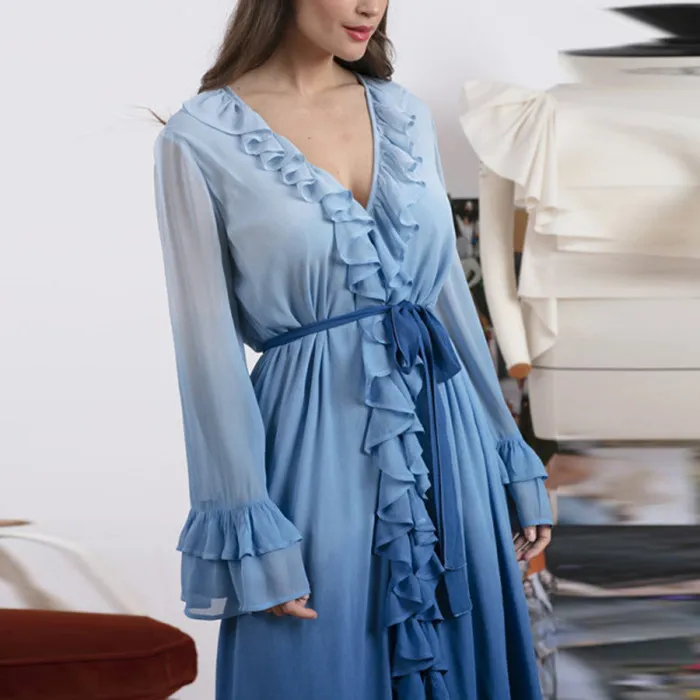 Women Dress Patchwork Chiffon Ruffles Long Sleeve High Waist Blue Vintage es Plus Size Bohemian Beach es 210513