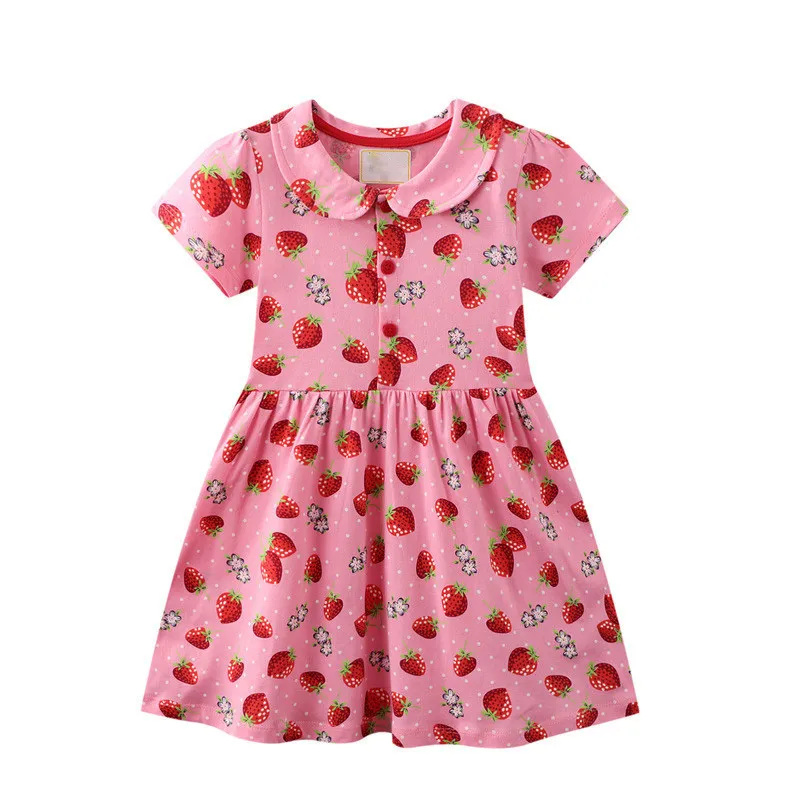 2021 Robes pour filles Robe de fraise Été Enfants Vêtements Robe Coton Sukienki Fleur Impression Robe Fille Bébé Fille Costume 210317
