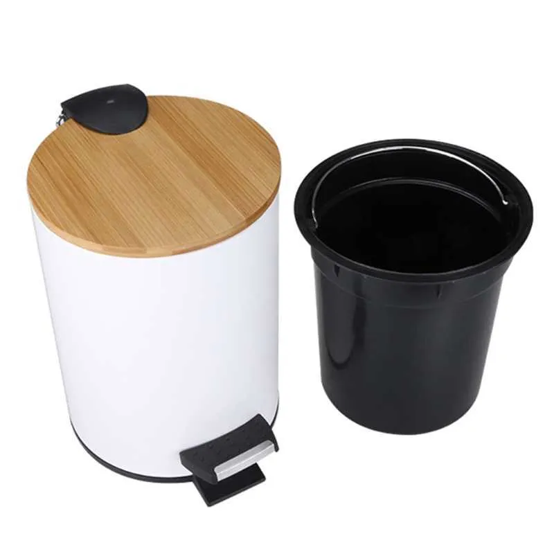 3/5L Wooden Flip Step Trash Can Garbage Rubbish Bin Waste Container Organizer for Bathroom Kitchen Office 210728