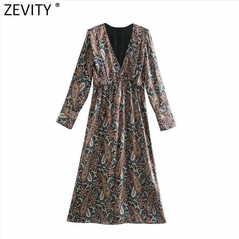 Zevidade Mulheres Vintage Vintage Vintage Caju Nozes Imprimir Cintura Elástica Kimono Midi Dress Femme Retro Casual Slim Uma Linha Vestido DS4828 210603