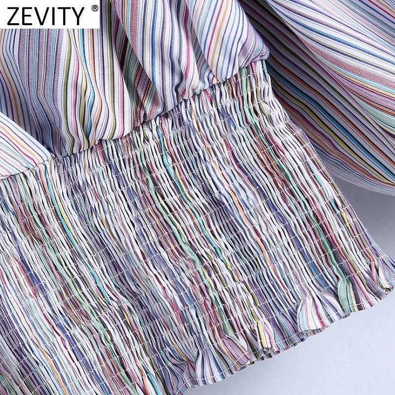 Zevity Women Vintage Cross V Neck Färgglada Striped Print Kort Slim Blus Kvinna Puff Sleeve Tröja Chic Chiffon Toppar LS9136 210603