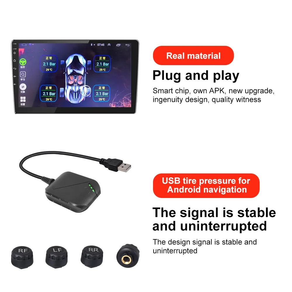 Araba Radyo için Android TPMS DVD Oynatıcı Alarm Oto Lastik Basıncı İzleme Sistemi Yedek Lastik 4 Harici Sensör USB TMPS