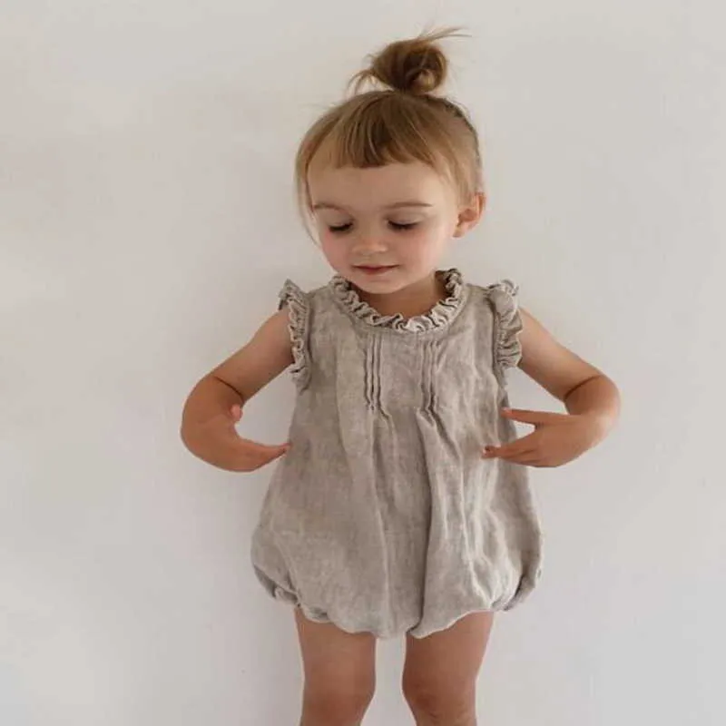 春の赤ちゃん女の子ボディスーツノースリーブソリッドカラーフリル襟生まれたジャンプスーツ子供服E105 210610