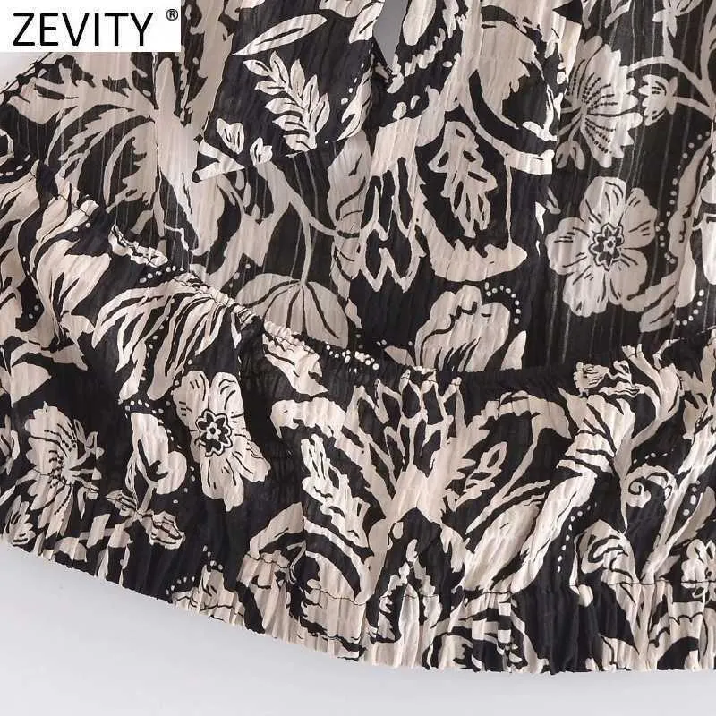 Zevity Women Vintage Tropical Floral Print Short Smock Blouse Female Sleeveles Backless Bow Tie Vest Shirt Chic Crop Tops LS9253 210603