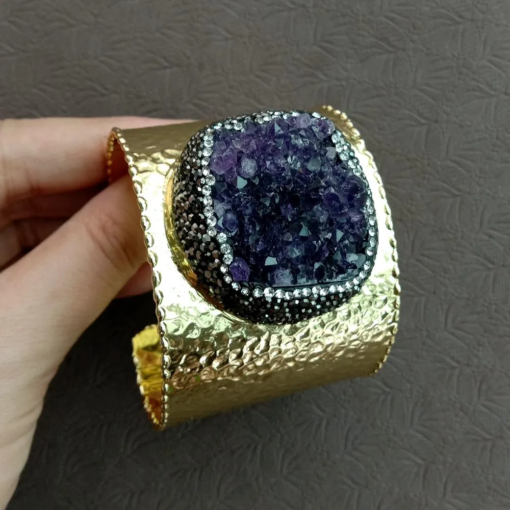 YYGEM NATURAL Amethyst Druzy Rough Raw Bangle With Gold Plated Manschett