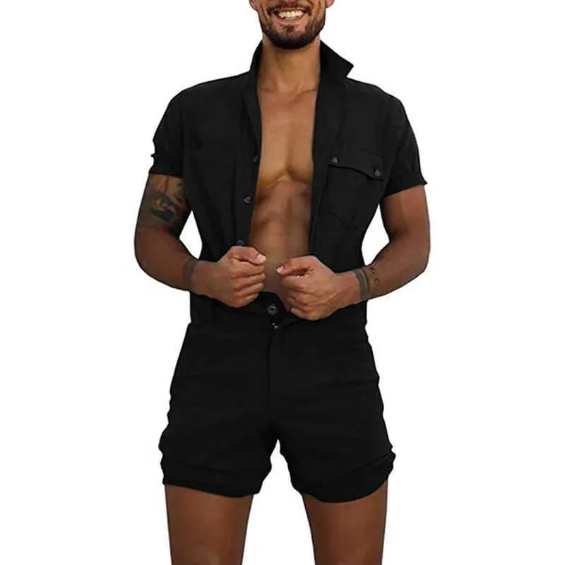 Overaller män shorts jumpsuit sommar mens ärm slim passform rompers streetwear casual knapp s byxor 210714